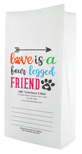 White paper veterinary prescription bag featuring veterinary prescription bags with Love Is a Four Legged Friend design