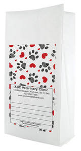 White paper veterinary prescription bag featuring veterinary prescription bags with red heart and paw print pattern design