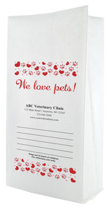 White paper veterinary prescription bag featuring veterinary prescription bags with red hearts and paw prints We Love Pets design