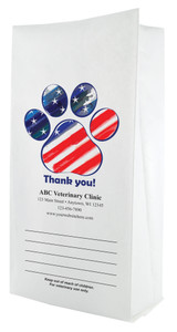 White paper veterinary prescription bag featuring veterinary prescription bags with patriotic paw print and Thank You design