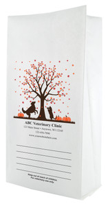 White paper veterinary prescription bag featuring veterinary prescription bags with autumn tree, falling leaves, and playful pet silhouettes
