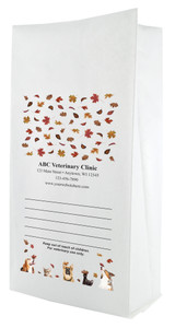 White paper veterinary prescription bag featuring veterinary prescription bags with autumn leaves pattern and playful pet photo border