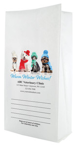 White paper veterinary prescription bag featuring veterinary prescription bags with adorable winter pets and Warm Winter Wishes design