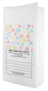 White paper veterinary prescription bag featuring veterinary prescription bags with colorful snowflakes and paw prints pattern