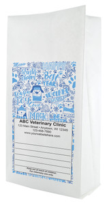 White paper veterinary prescription bag featuring veterinary prescription bags with winter-themed pet typography and snowflake design
