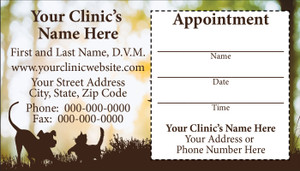Veterinary sticker appointment business card with dog and cat silhouettes in grass, blurred outdoor background, and peel-off appointment reminder section.

