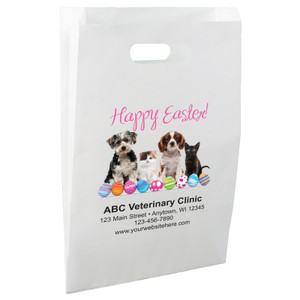 White die-cut handle paper bag featuring red hearts, pink paw prints, and the phrase "We love pets!" with matching top and bottom borders.

