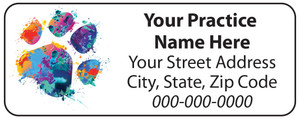 Veterinary label with colorful paint-style paw print and address text