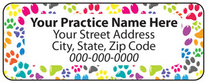 Veterinary label with colorful paw print border and centered address text