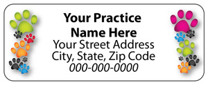 Veterinary label with colorful paw print clusters on both sides