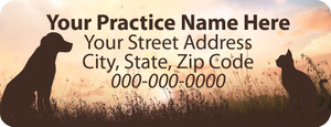  Veterinary label with warm sunset background and dog and cat silhouettes in grass