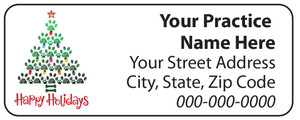 Veterinary label with paw print Christmas tree, ornaments, and Happy Holidays text