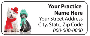 Veterinary label with dog and cat wearing winter hats and scarves

