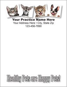 Four pet photographs featuring two cats and two dogs above practice information with the phrase "Healthy Pets are Happy Pets!" at the bottom.

