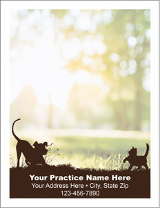 Dog and cat silhouettes standing in a grassy meadow with a blurred outdoor background and veterinary practice information displayed below.

