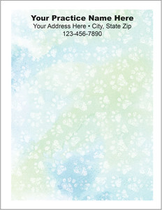 Soft blue and green watercolor veterinary notepad featuring scattered white paw prints and personalized clinic information centered at the top.

