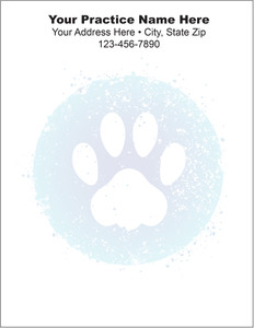 Large white paw print inside a soft blue circular background with splatter accents and personalized veterinary practice information at the top.

