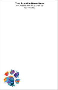 Half-size veterinary notepad featuring a multicolored paw print with paint splash accents in the lower left corner and practice information centered at the top.

