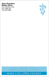 Half-size veterinary notepad featuring a blue Healthy Pets banner at the bottom and a veterinary V symbol with serpent graphic in the upper right corner.

