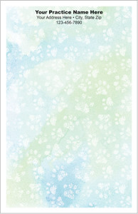 Half-size veterinary notepad with an all-over white paw print pattern on a light blue and green background and clinic information centered at the top.

