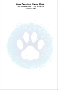 Large white paw print inside a light blue circular design with a distressed splatter border, centered on a half-size veterinary notepad.

