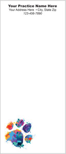Tall veterinary notepad featuring a colorful paint-splash paw print in blue, purple, pink, orange, and yellow near the lower corner.

