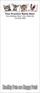 Tall veterinary notepad with photographs of two kittens and two dogs at the top and the phrase “Healthy Pets are Happy Pets!” at the bottom.

