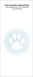 Tall veterinary notepad featuring a large white paw print inside a light blue textured circle with practice information displayed at the top.

