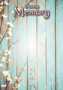 In Loving Memory floral memorial insert with rustic wood background, flowering branches, and space for a pet paw print or nose print.