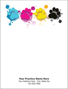 Four large paw prints in blue, pink, yellow, and black with splash accents above an open writing area and clinic information.

