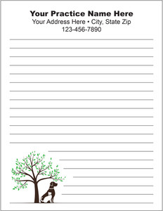 Lined veterinary notepad featuring a green leafy tree with dog and cat silhouettes at the base and practice information at the top.

