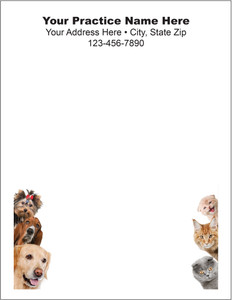 Photographs of three dogs on the left and three cats on the right surrounding a large writing area with practice information at the top.

