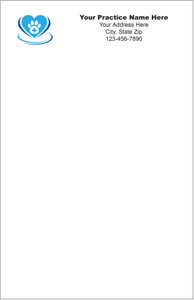 Blue heart-shaped veterinary symbol with a white paw print and medical cross, placed in the upper left corner of a half-size veterinary notepad.

