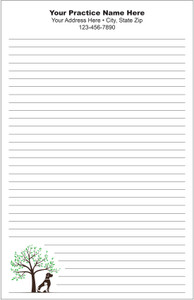 Lined veterinary notepad featuring a green tree with dog and cat silhouettes in the lower corner and clinic information centered at the top.

