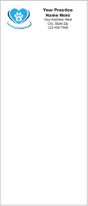 Tall veterinary notepad featuring a blue heart-shaped symbol with a paw print and medical cross beside personalized practice information.


