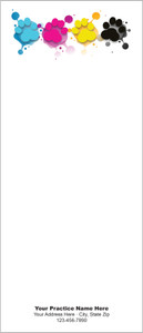 Tall veterinary notepad with blue, pink, yellow, and black paw prints across the top, splatter-style accents, and practice information at the bottom.

