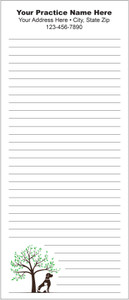 Tall veterinary notepad with lined writing space, a leafy tree illustration, and dog and cat silhouettes positioned near the lower left corner.

