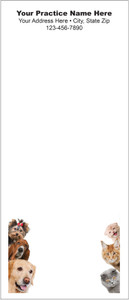 Tall veterinary notepad featuring photographs of three dogs on the left and three cats on the right with practice information at the top.

