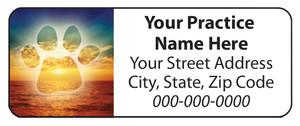  Veterinary label with paw print over ocean sunset background