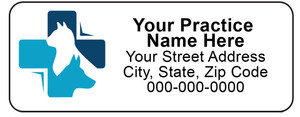 Veterinary label with blue cross and dog and cat silhouettes