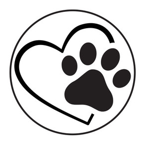 Round veterinary sticker featuring a black heart outline with a centered black paw print inside a circular border.


