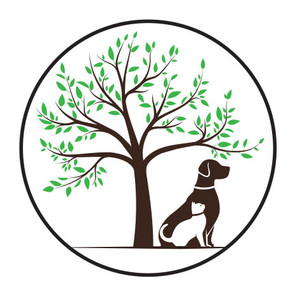 Round veterinary envelope seal featuring a leafy tree with dog and cat silhouettes inside a black circular border.