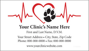 Veterinary business card featuring a red heartbeat line, heart outline with black paw print, and centered clinic contact information on a light gray background.

