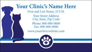 Veterinary business card with dog and cat silhouettes, a paw print medical emblem, and organized contact information for veterinary communication.

