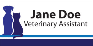 Personalized name tag featuring dark blue dog and cat silhouettes on the left, a blue accent stripe along the bottom, and bold black name and title text on a light gray background.

