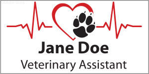 Personalized name tag featuring a red heartbeat line connected to a heart outline with a black paw print, plus bold black custom name and title text on a light gray background.

