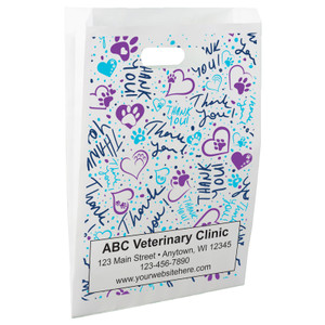 White die-cut handle paper bag featuring repeating Thank You messages, purple and blue hearts with paw prints, and scattered paw print accents.

