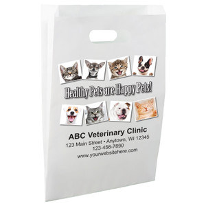 White die-cut handle paper bag featuring eight dog and cat portraits surrounding the message "Healthy Pets are Happy Pets!"

