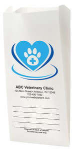 White Paper veterinary prescription bag with heart and paw medical logo.