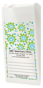 White Paper veterinary prescription bag with playful paw print pattern design.